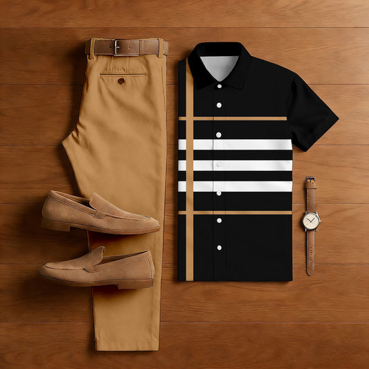 Men's Casual Tan & Black Color Matching Striped Print Short-Sleeve Shirt & Trousers Two-Piece Set