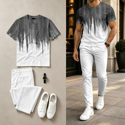 Men's Casual Black-And-White Gradient Print Round-Neck Short-Sleeve Top And Pants Two-Piece Set