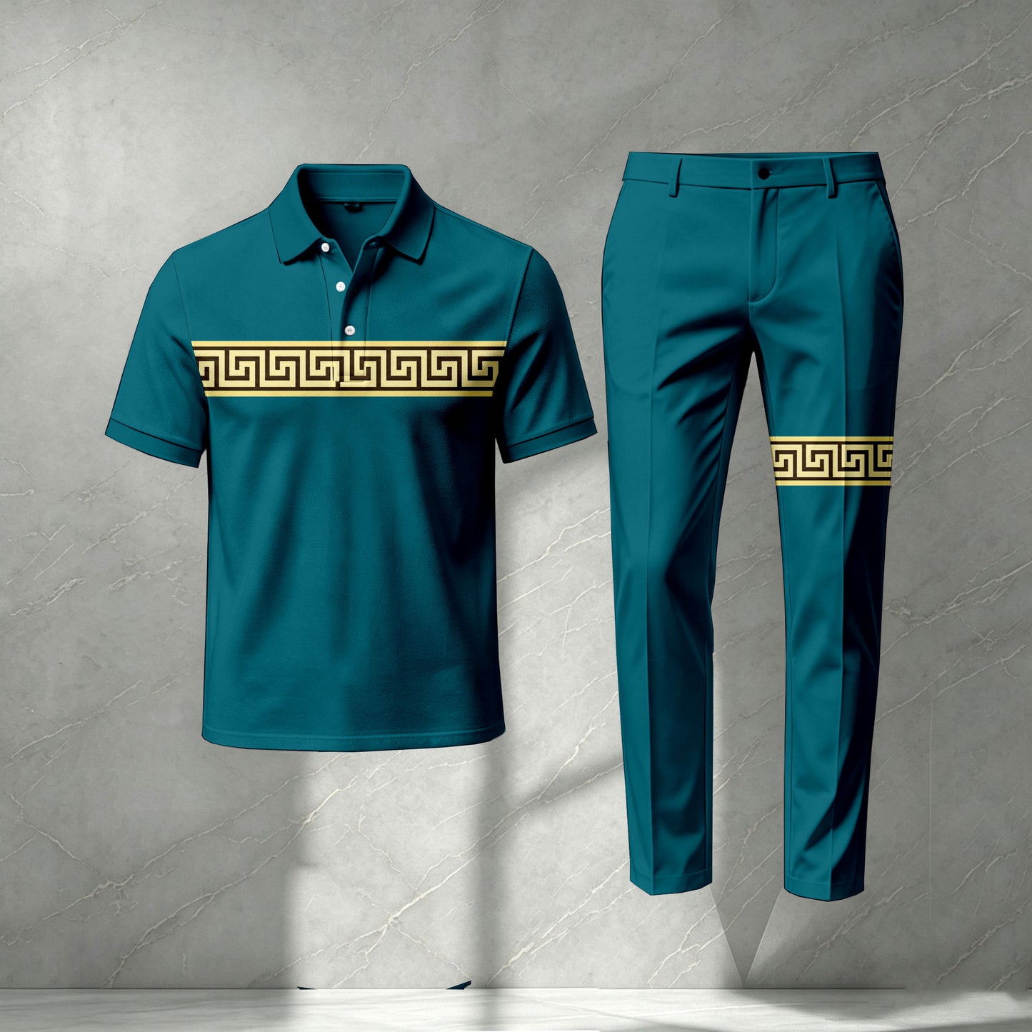 Men's Lake Blue Short-Sleeve Polo Shirt and Pants Set