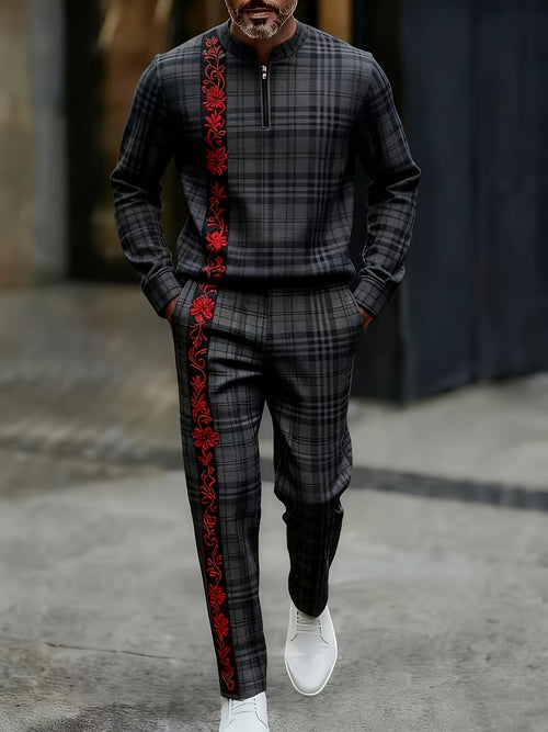 Men's Casual Color Matching Printed Round-Neck Zipper Long Sleeved Trousers Two-Piece Set