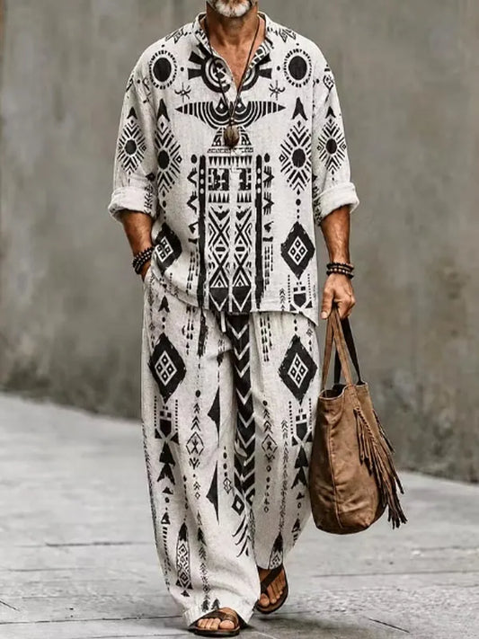 Men's Black Aztec Geometric Print Half Button Long Sleeve Shirt Pants 2pcs Set