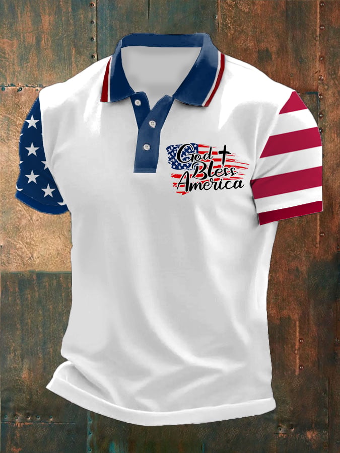 Men's God Bless America Flag Print Casual Polo Shirt