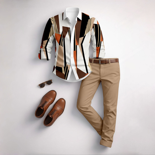 Men's Casual Color Matching Geometric Printed Long Sleeved Shirt & Trousers Two-Piece Set