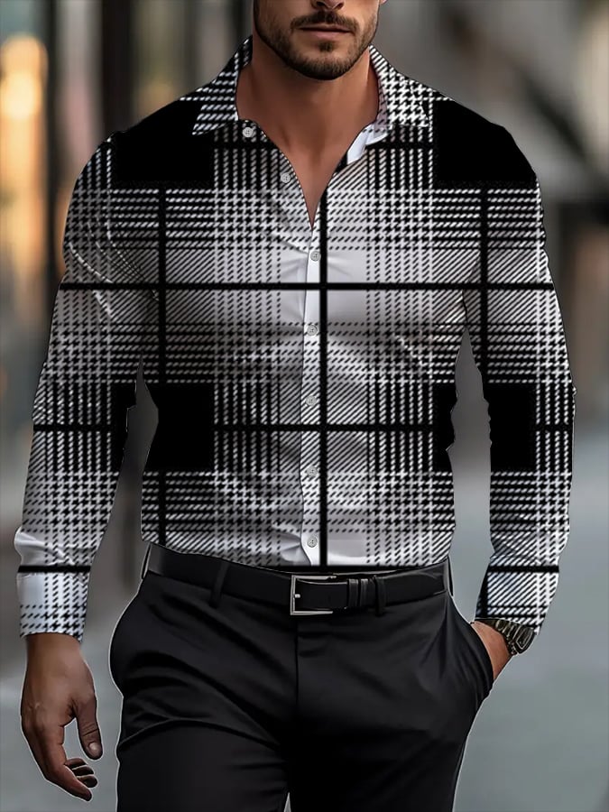Men's Classic Business Plaid Stripe Print Long Sleeve Shirt