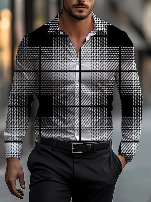 Men's Classic Business Plaid Stripe Print Long Sleeve Shirt