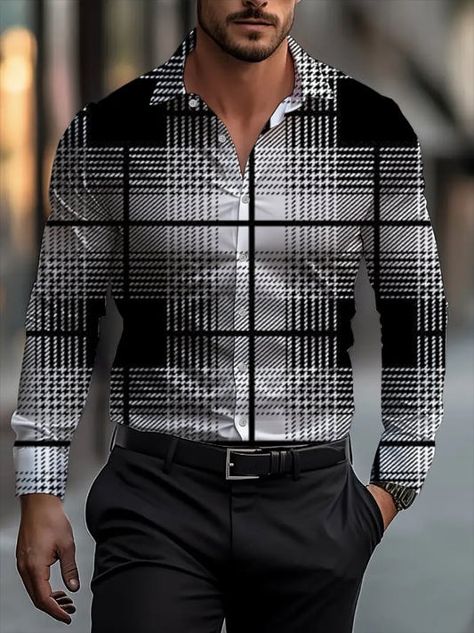 Men's Classic Business Plaid Stripe Print Long Sleeve Shirt