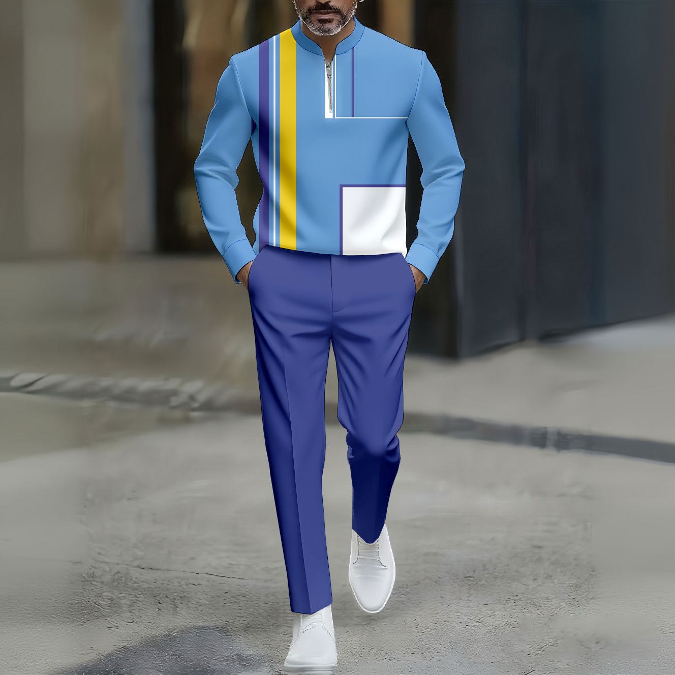 Men's Casual Blue Color Matching Geometric Printed Round-Neck Zipper Long Sleeved Trousers Two-Piece Set