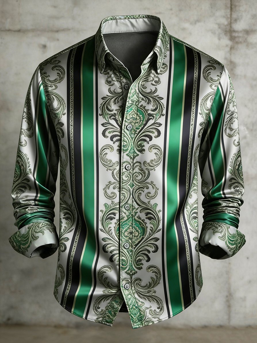 Men's Retro Business Color Block Striped Pattern Long-Sleeve Shirt