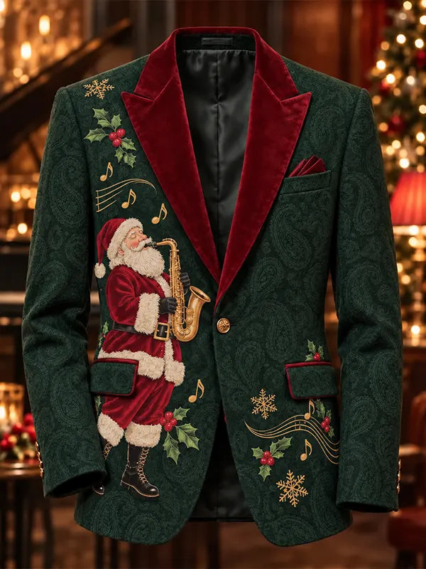 Men's Santa Claus Playing The Saxophone Christmas Eve Paisley Print Suit Jacket