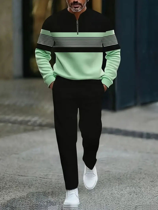 Men's Casual Black & Green Color Matching Striped Printed Round-Neck Zipper Long Sleeved Sweatshirt & Trousers Two-Piece Set