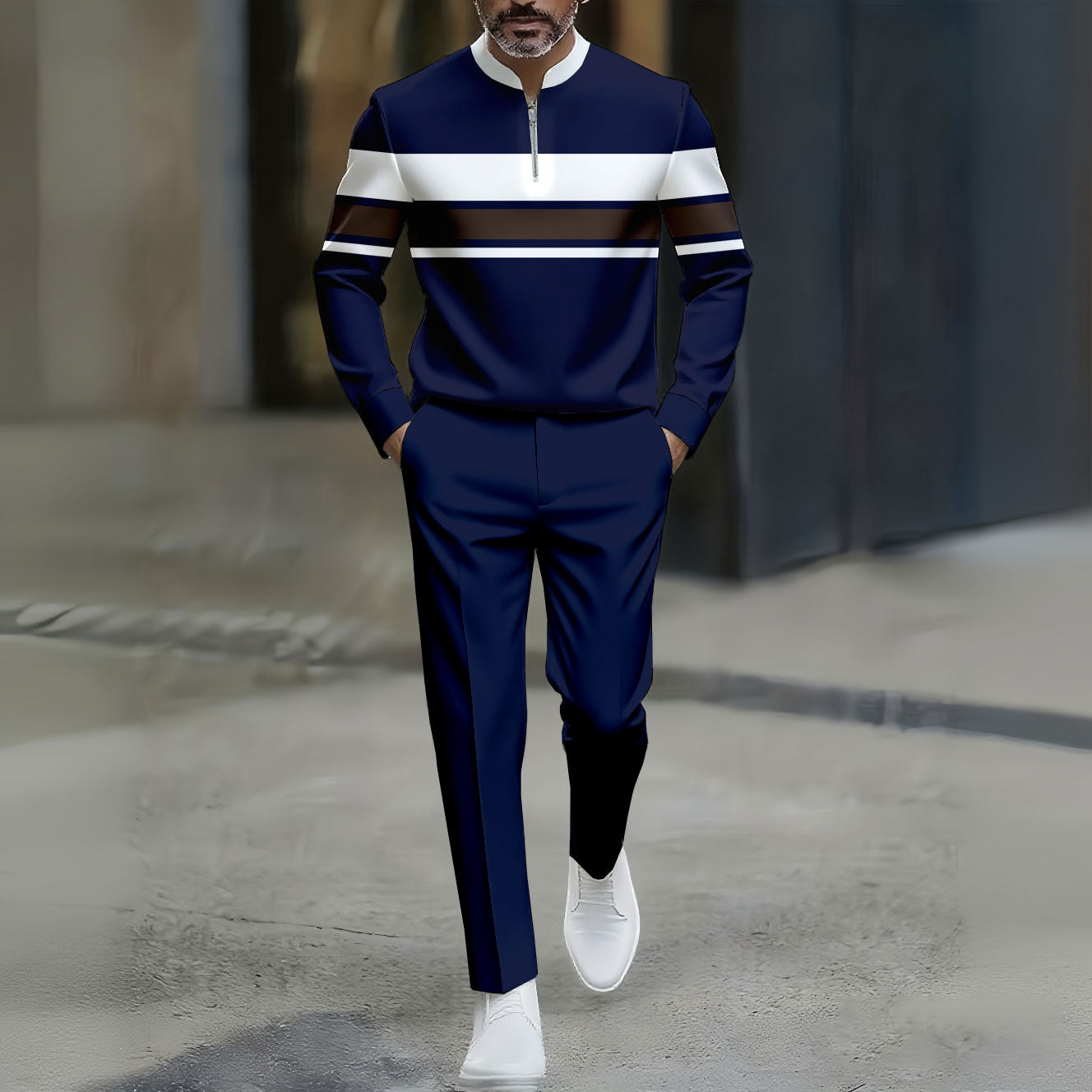 Men's Casual Color Matching Striped Printed Round-Neck Zipper Long Sleeved Trousers Navy Blue Two-Piece Set