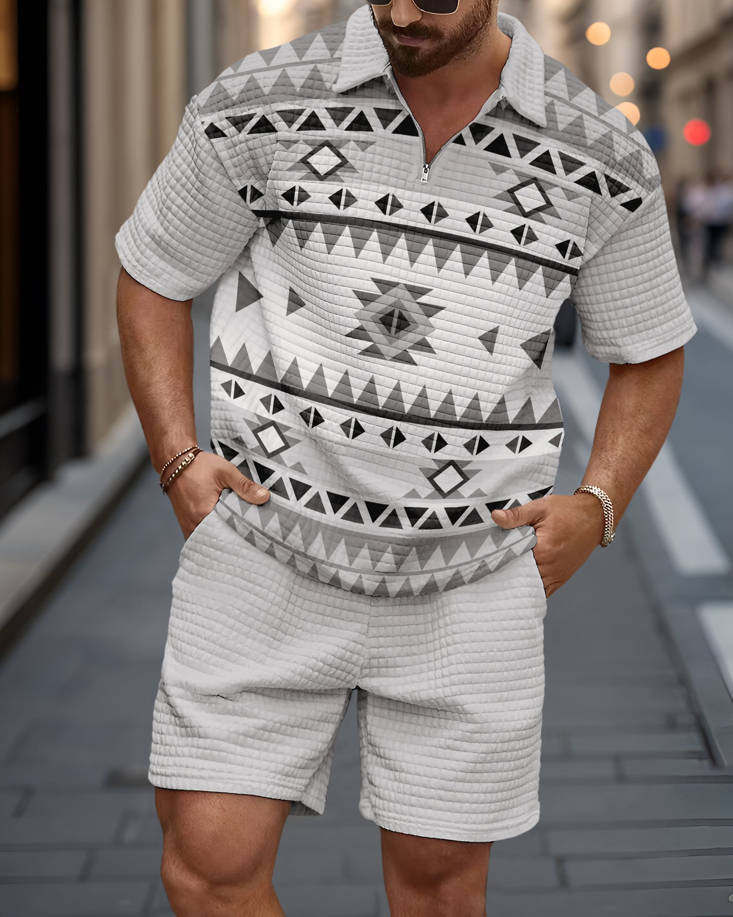 Men's Casual Art Print Waffle Texture Summer Polo Set 057