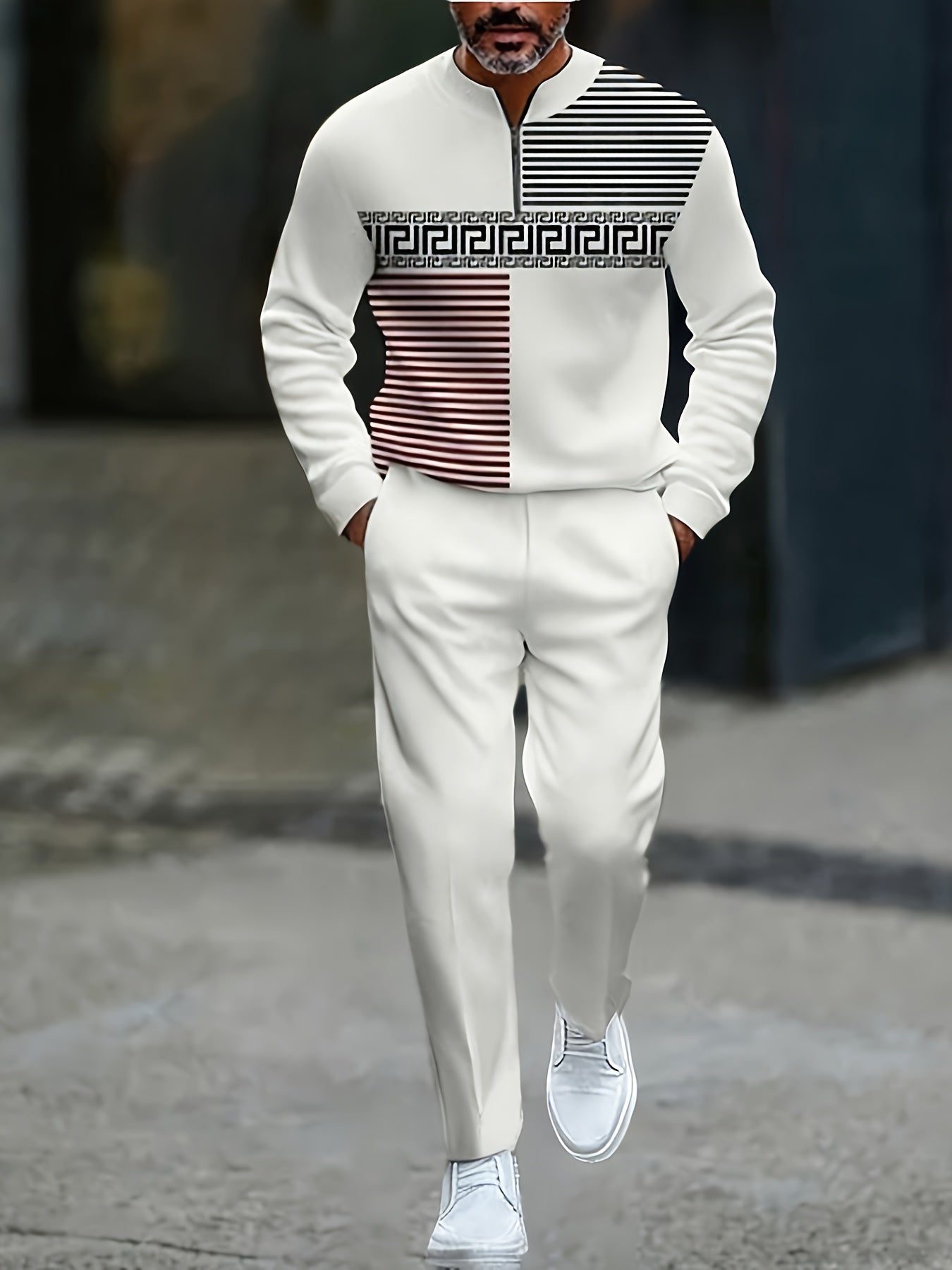 Men's Casual Color Matching Printed Round-Neck Zipper Long Sleeved Trousers Two-Piece Set