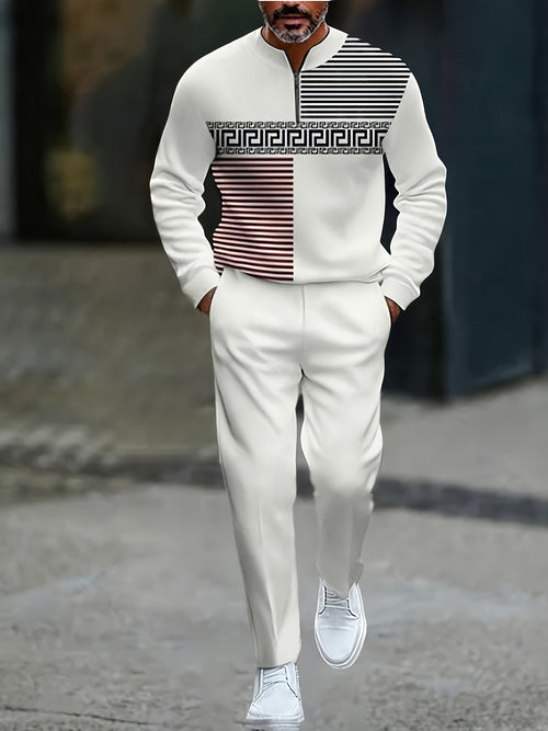 Men's Casual Color Matching Printed Round-Neck Zipper Long Sleeved Trousers Two-Piece Set