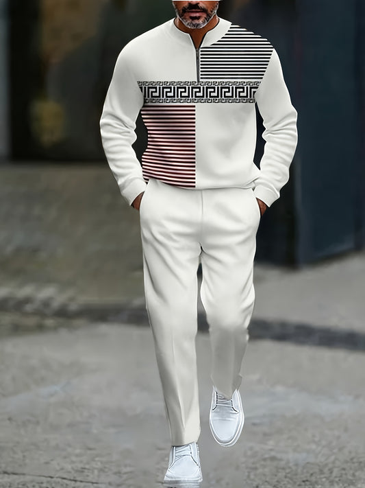 Men's Casual Color Matching Printed Round-Neck Zipper Long Sleeved Trousers Two-Piece Set