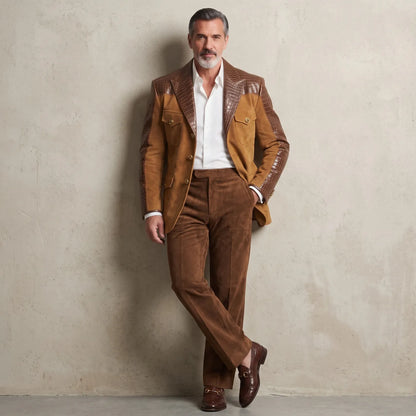 Men's Brown Suede Patchwork PU Leather Peak Lapel Single Pockets Breasted Slim Fit Blazer