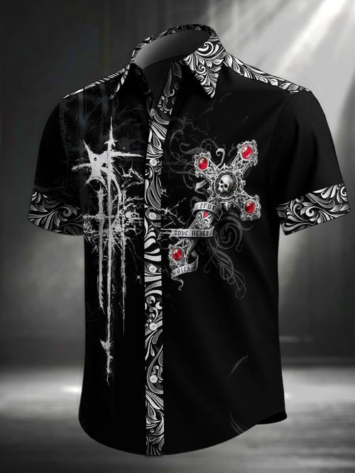 Men's Vintage Skull Floral Print Lapel Short Sleeve Shirt