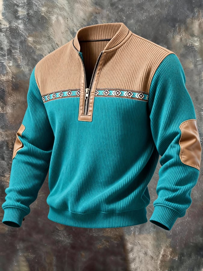 Men'S Casual Retro Contrast Color Half Zip Stand Collar Long Sleeve Sweatshirt