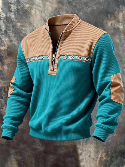 Men'S Casual Retro Contrast Color Half Zip Stand Collar Long Sleeve Sweatshirt