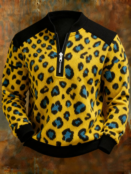 Leopard Print Geometric Zipper Sweatshirt