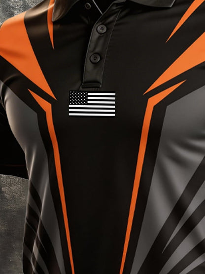 Men's Retro Patriotic Color-Block Short-Sleeve Polo Shirt
