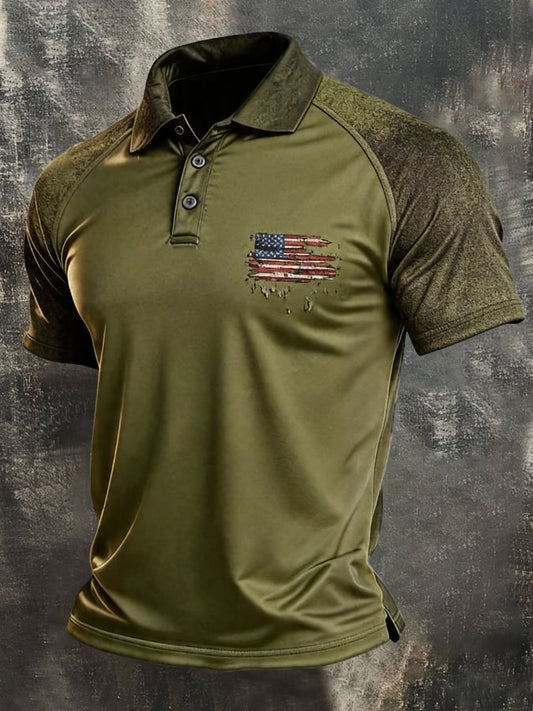 Men's Retro Patriotic Color-Block Short-Sleeve Polo Shirt