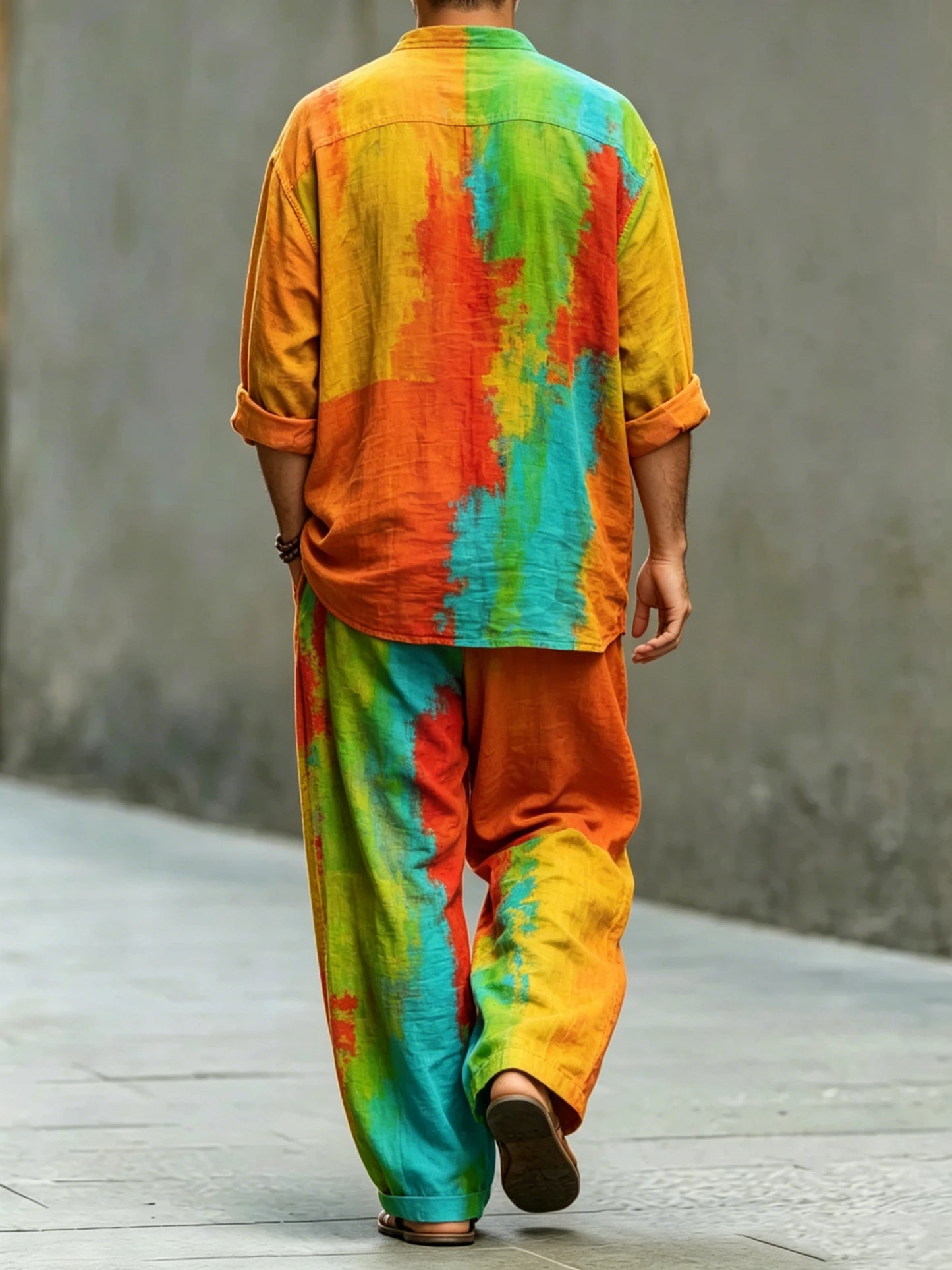Men's Fashionable Abstract Art Print Cotton Shirt Set