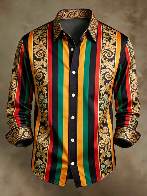 Men's Retro Business Color Block Striped Pattern Long-Sleeve Shirt