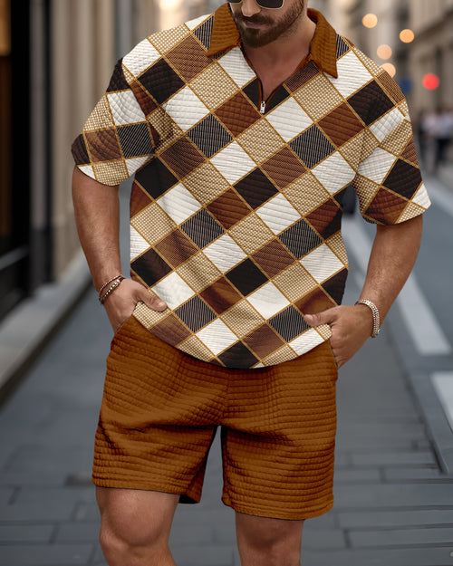 Men's casual waffle texture summer Polo Set 032