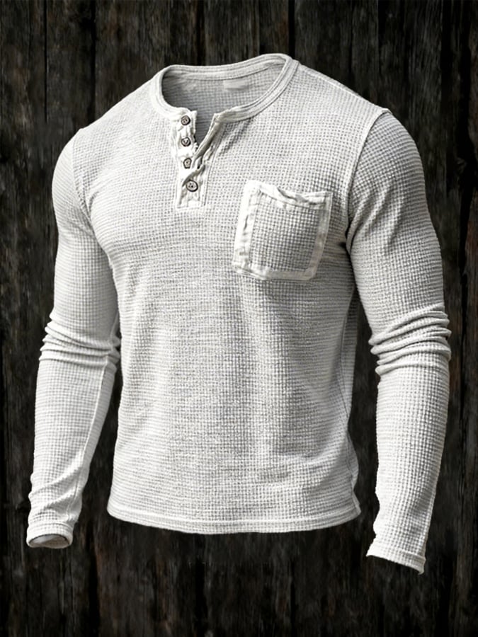 Men's Retro Distressed Waffle Casual Henley Collar Long-Sleeve Top