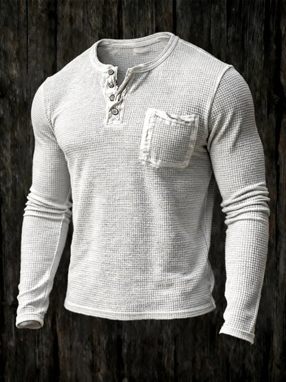 Men's Retro Distressed Waffle Casual Henley Collar Long-Sleeve Top