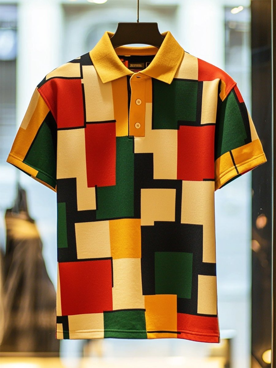 Men's Vintage Casual Bauhaus Geometric Art Button Short Sleeve Polo Shirt