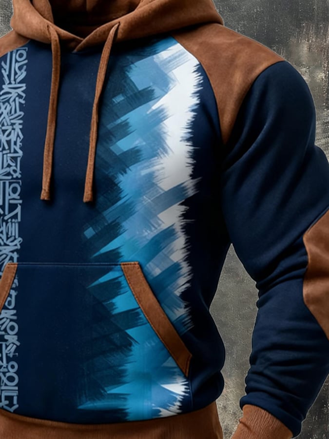 Men's Retro Distressed Color Block Print Casual Fur Collar Long Sleeve Sweatshirt