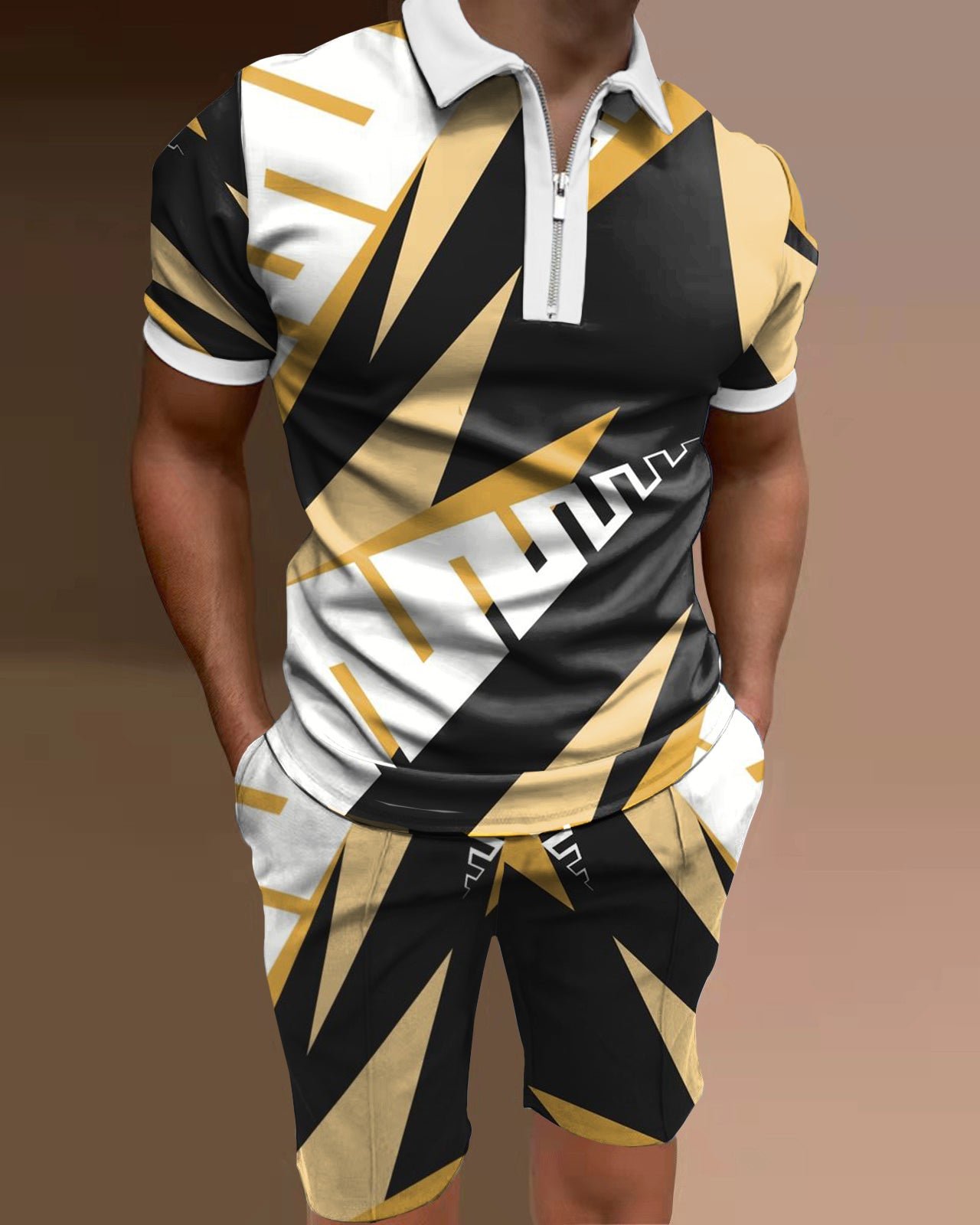 Men's polo shirt diagonal stripe two piece set