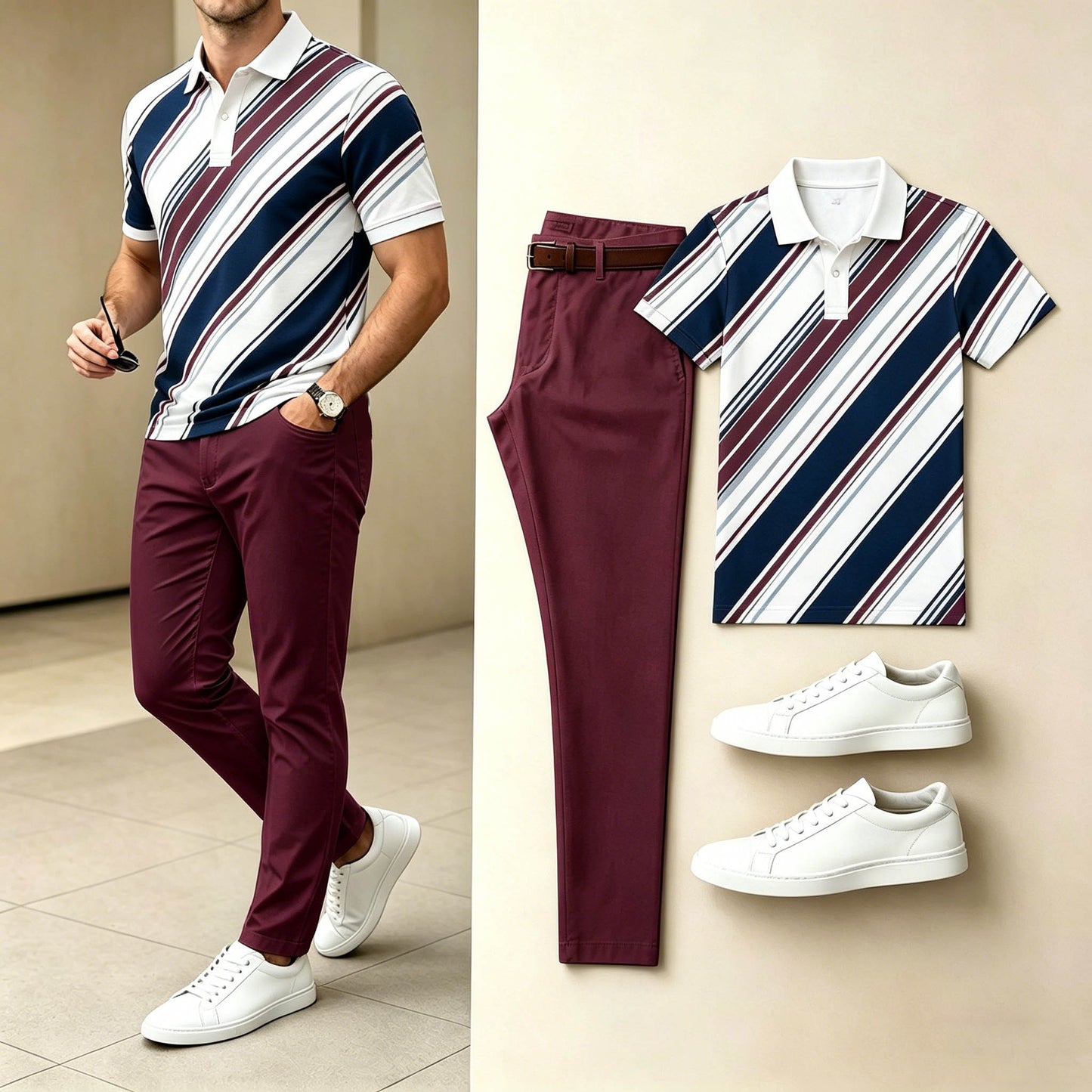 Men's Daily Diagonal Multi-Color Stripe Print Polo Shirt And Slim Pants Two-Piece Matching Set