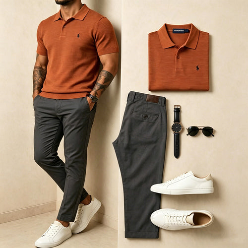 Textured Knit Polo & Dark Grey Slim Pants Two-Piece Suit