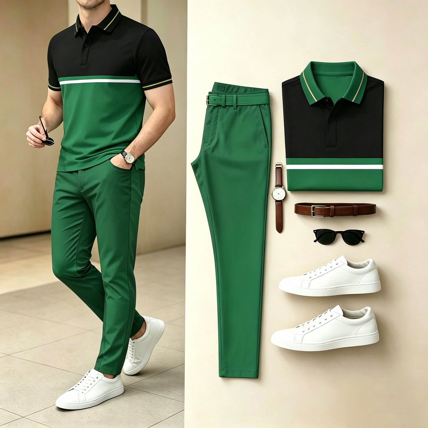 Men's Casual Black Green Color Block Polo Shirt & Long Pants Two-Piece Set