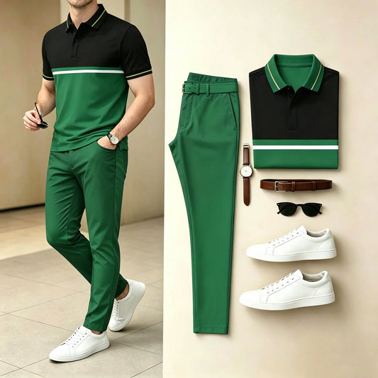 Men's Casual Black Green Color Block Polo Shirt & Long Pants Two-Piece Set