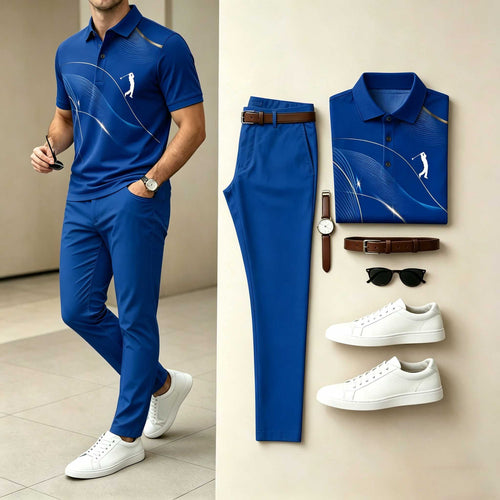 Men's Casual Royal Blue Line Printed Polo Shirt & Pants Two-Piece Set