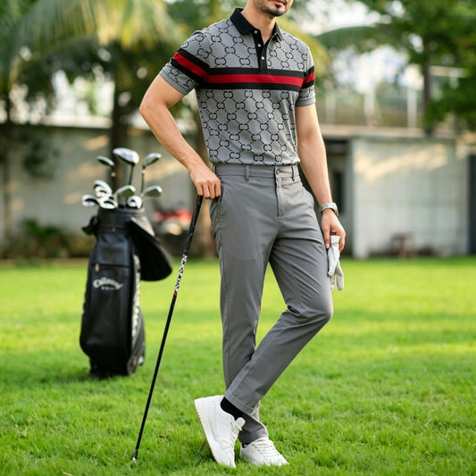 Men's Casual Dark Gray Plaid Printed Polo Shirt And Pants Two-Piece Set