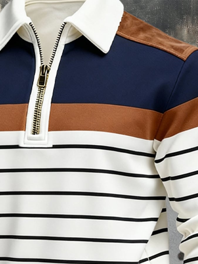 Men's Retro Color Block Print Zipper Sweatshirt