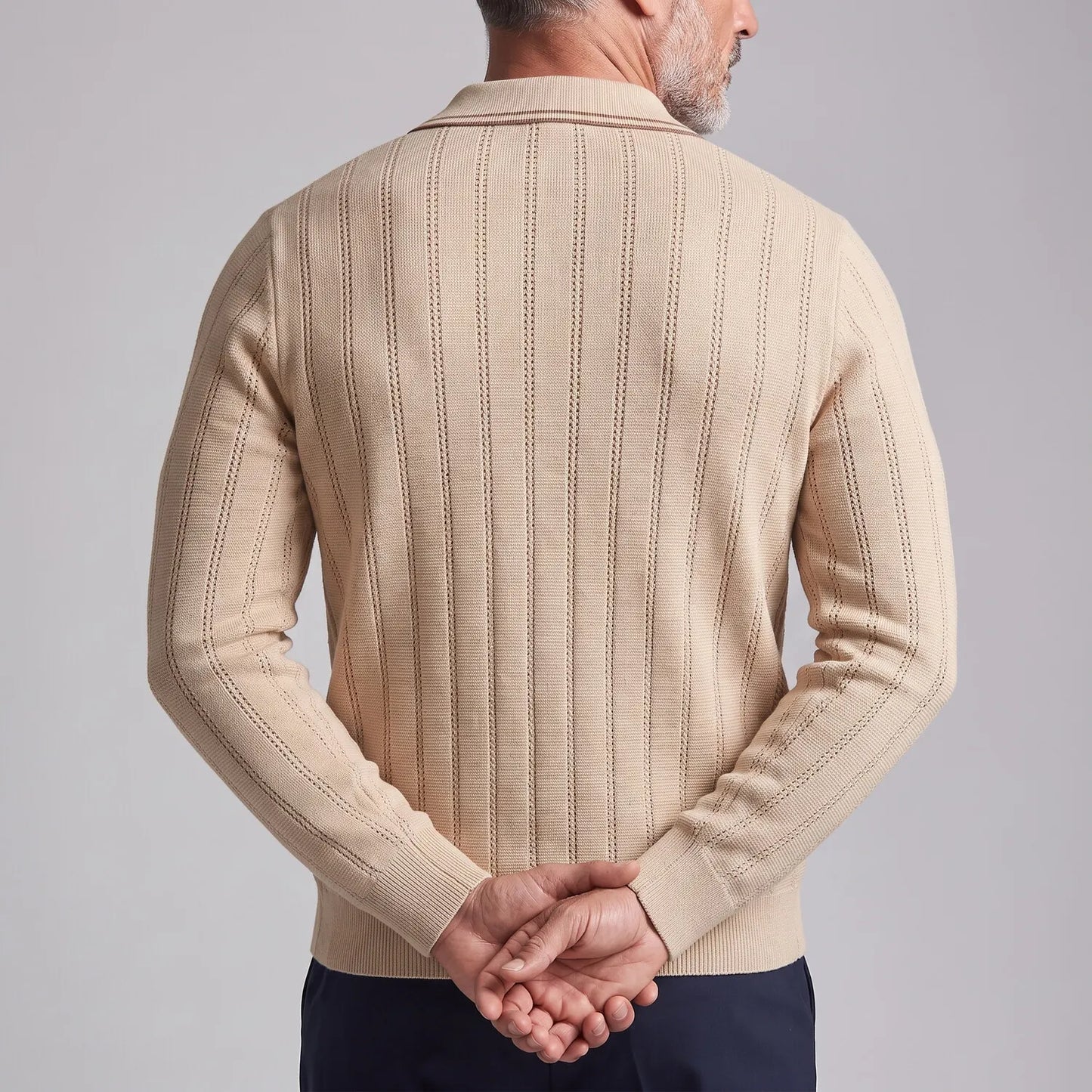 Men's Navy Blue Hollow Out Contrast Trim Single Breasted Knit Cardigan