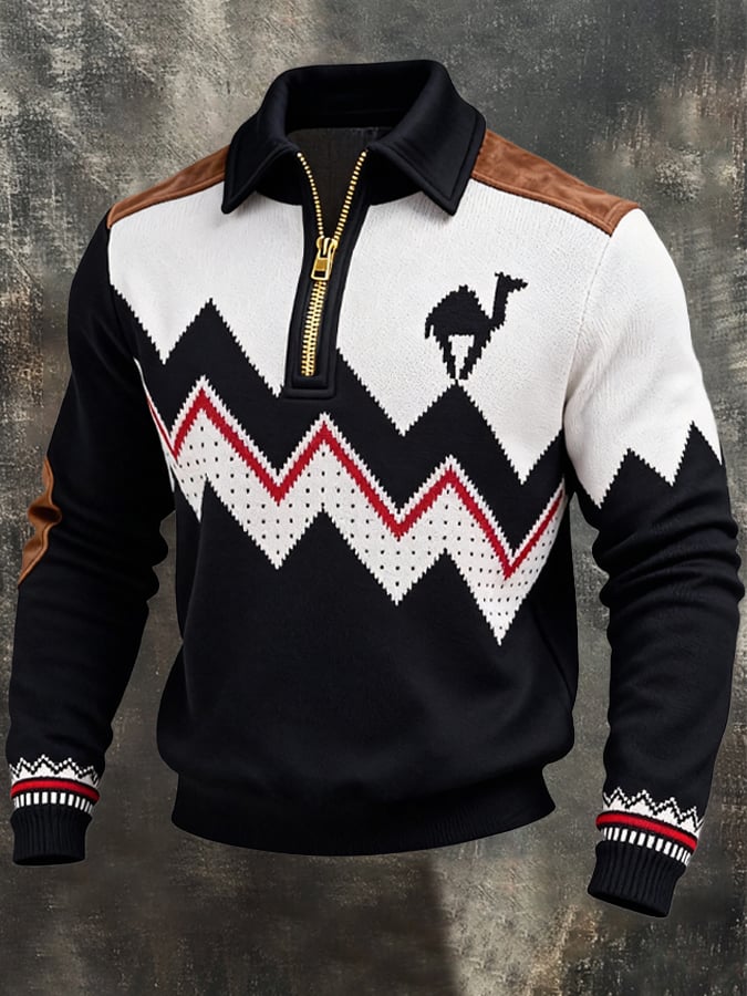 Men's Retro Color Block Print Zipper Sweatshirt
