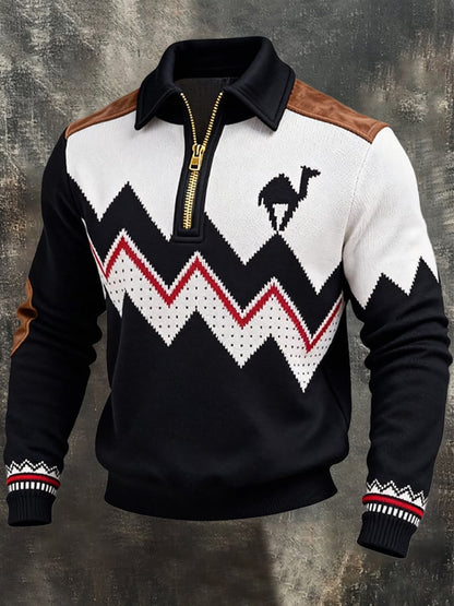 Men's Retro Color Block Print Zipper Sweatshirt