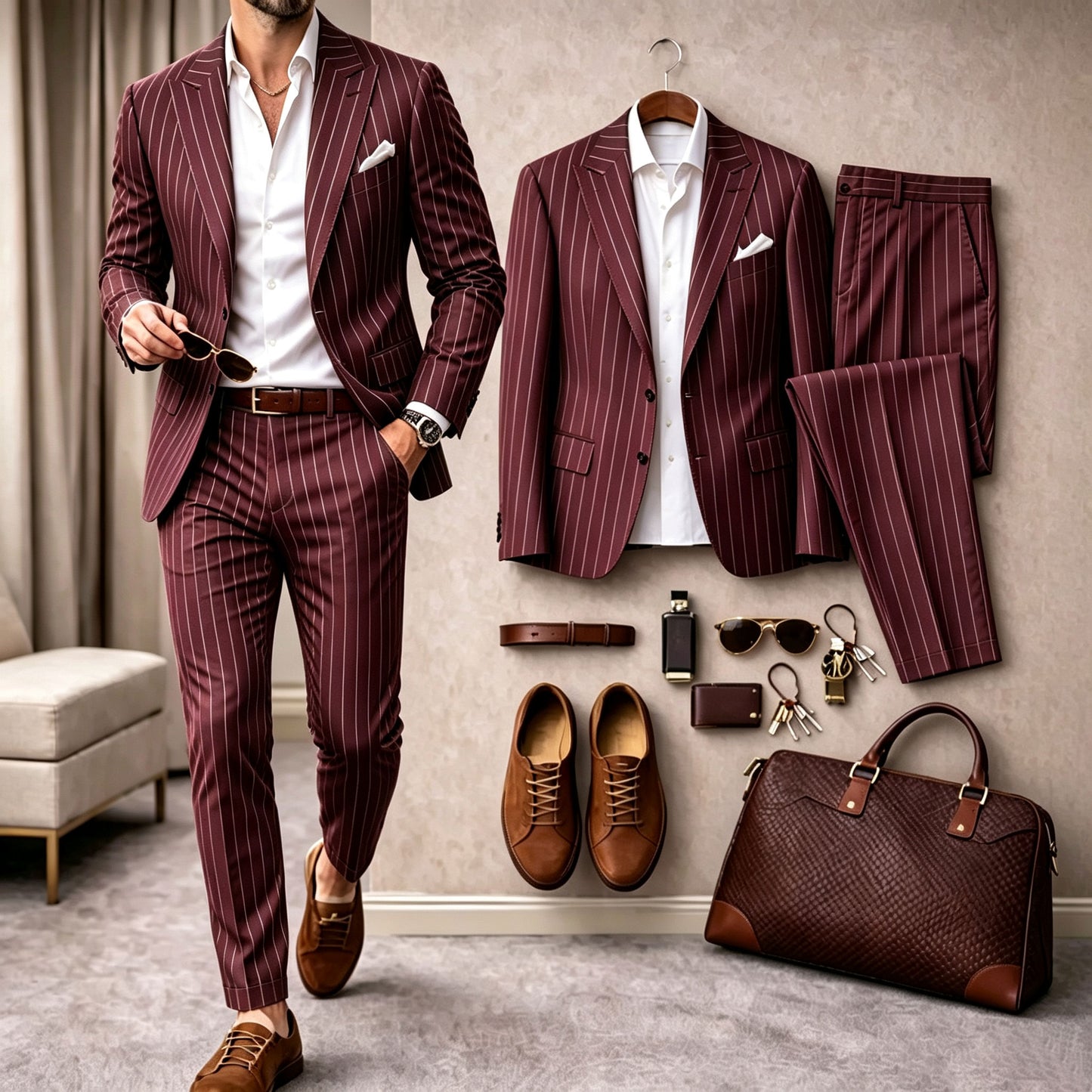 Men's Striped Long-Sleeve Shirt and Pants Suit Set