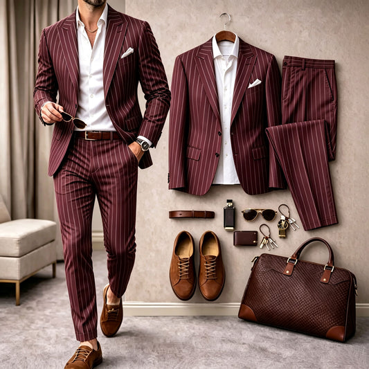 Men's Striped Long-Sleeve Shirt and Pants Suit Set