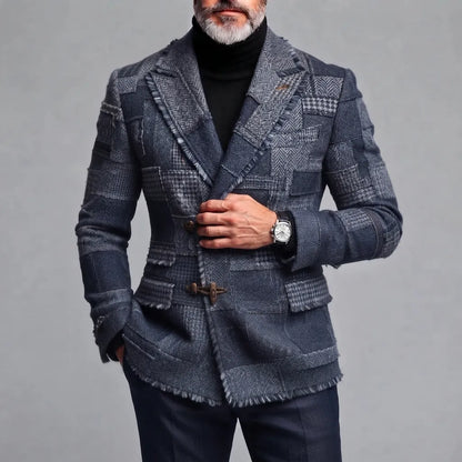 Men's Stylish Dark Blue Colorblock Houndstooth Peak Lapel Toggle Closure Frayed Edge Woolen Blazer