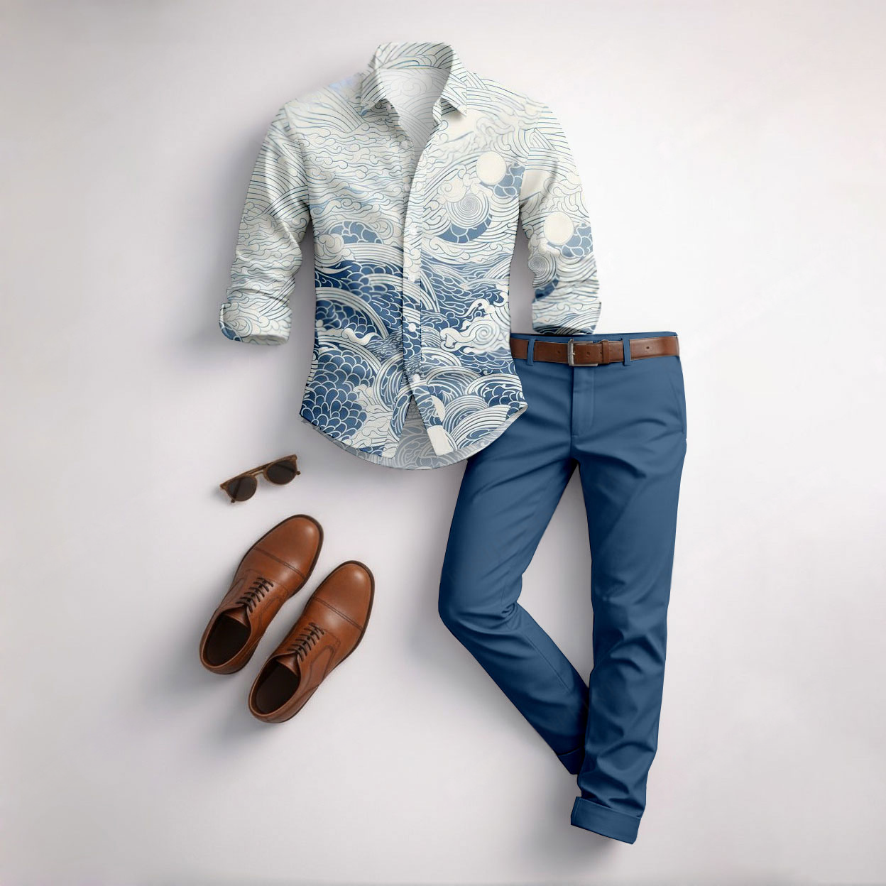 Men's Casual White Waves Color Matching Geometric Printed Long Sleeved Shirt & Trousers Two-Piece Set
