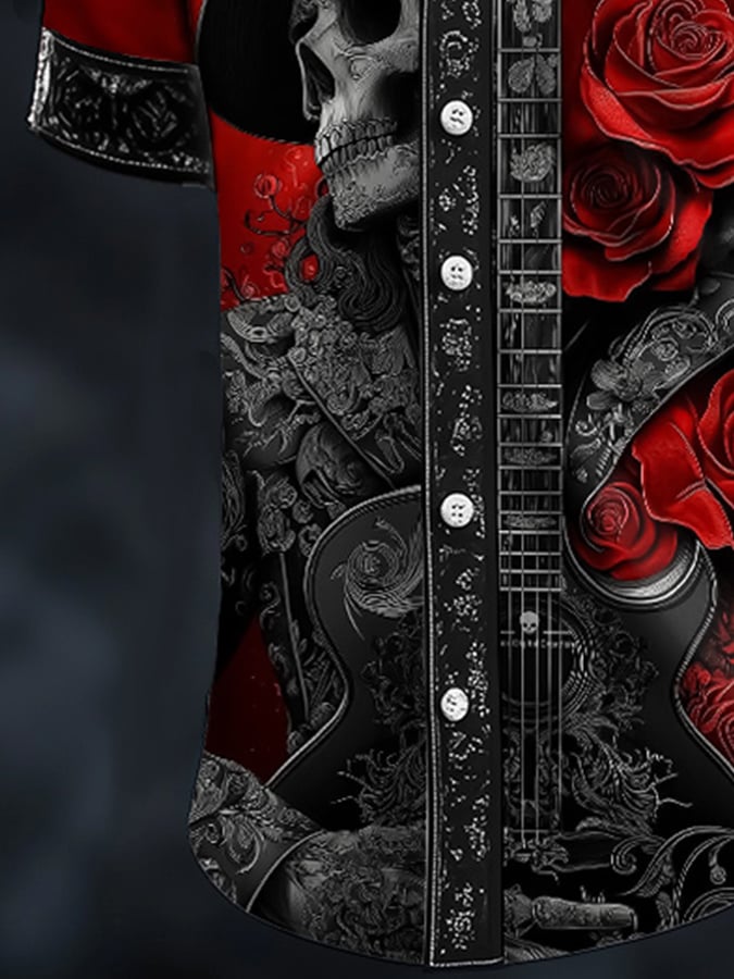 Men's Casual Dark Skull Art Satin Shirt