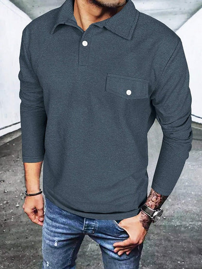 Men's Waffle Casual Solid Color Half Button Polo Shirt